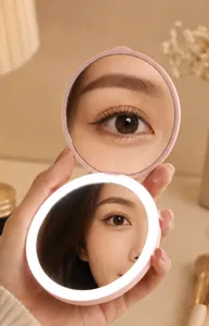 Detail of LED makeup mirror showing 2x magnification and normal view with light