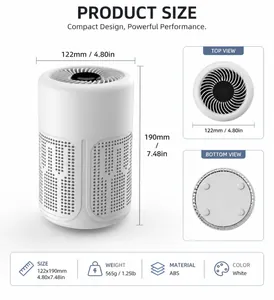 Detailed dimensions and specifications for the compact white desktop air purifier