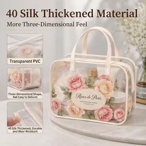 Detailed view of the thickened transparent PVC cosmetic bag with elegant pink rose prints
