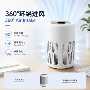 White desktop air purifier with 360° air intake feature and replaceable filter detail