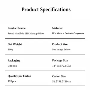 Detailed specification table for round handheld LED makeup mirror showing material and weight