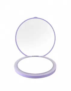 Close-up detail of a portable foldable purple LED makeup mirror with 9cm diameter size