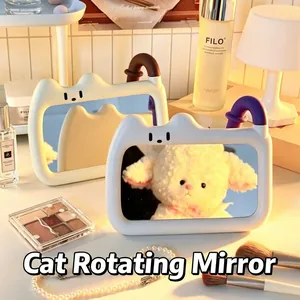 Schattige Kattenoor Vorm Roterende Desktop Make-up Spiegel Draagbare Kunststof Frame Staande Hangende Eenzijdige Spiegel Voor Slaapzaal Slaapkamer Decoratie
