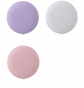 Three portable circular compact mirrors in purple, white, and pink matte colors.