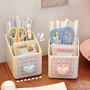 Cute Heart Divided Pen Holder Desktop Stationery Organizer Multi-functional Plastic Storage Box Student Office Pink Blue