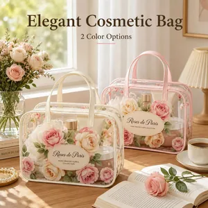 Transparent PVC Floral Makeup Bag Waterproof Portable Travel Toiletry Bag French Rose Bear Cosmetic Organizer For Women