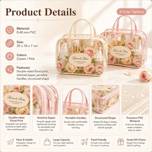 Transparent PVC rose print cosmetic bag with portable handles for travel storage