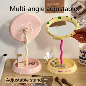 Pastel cute desktop makeup mirrors with adjustable wavy stands and storage base jewelry trays