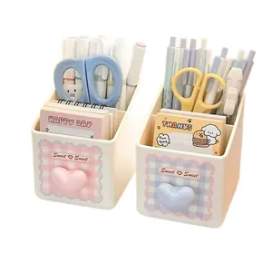 Cute divided pen holder desk organizer for student stationery in pink and blue heart style