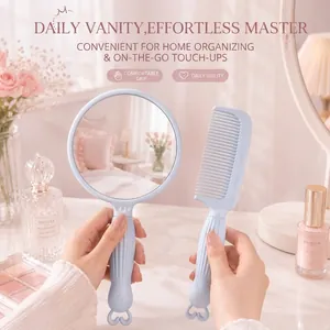 Portable Handheld Makeup Mirror And Comb Set Cute Cartoon Rabbit Handle Circular Vanity Mirror Hair Styling Tool Women Girls