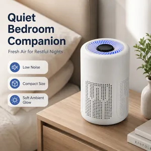 Portable white desktop air purifier with quiet mode and purple ambient light for bedroom