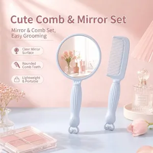 Portable light blue handheld makeup mirror and comb set with soft teeth for girls