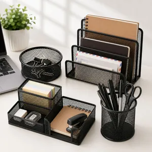 Ensemble Organisateur de Bureau en Maille Métallique Noire Boîte de Rangement de Papeterie Bureau École Kit Accessoires