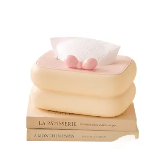 Elegante cremefarbene Taschentuchbox mit rosa Schleife auf dekorativen Büchern