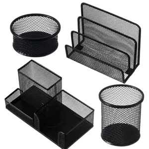 Organisateur de bureau professionnel en maille métallique noire, ensemble de 4 pièces