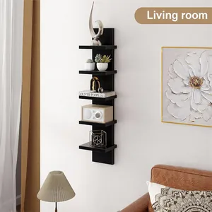 Modern black 5-tier vertical floating wall shelf for living room decor and storage