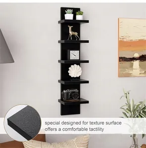 Close-up of black textured surface on 5-tier vertical floating wall shelf