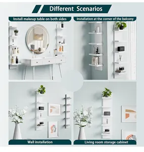 Versatile white 5-tier floating wall shelves shown in multiple home usage scenarios