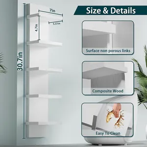 Detail view of white 5-tier floating wall shelf with dimensions and material info