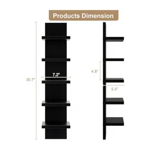 Detailed product dimension view of a black 5-tier floating wall shelf for storage