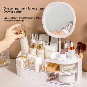 Desktop-Make-up-Organizer mit rundem LED-Spiegel und transparenten Schubladen für Kosmetik