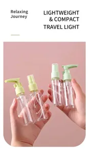 Macro view of portable clear travel spray and pump bottles for skincare products