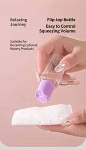 Close-up of portable travel bottle dispensing toner onto a tissue for skincare