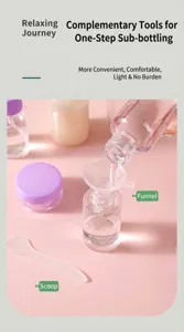 Close-up of travel refill kit showing clear bottles, funnel and spatula accessories