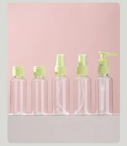 Detailansicht eines Reiseflaschen-Sets mit Sprüh-, Pump- und Klappverschlüssen für Kosmetik