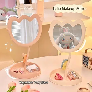 Espejo de Maquillaje de Escritorio con Forma de Flor de Tulipán con Bandeja de Almacenamiento Rotación de 360 Grados Lindo Espejo de Princesa para Hogar Dormitorio Escritorio Mujer
