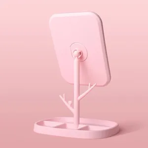 Specchio da trucco minimalista rosa con supporto rotante e vassoio portaoggetti
