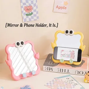 Cute cartoon wave desktop makeup mirror with built-in phone holder stand for vanity