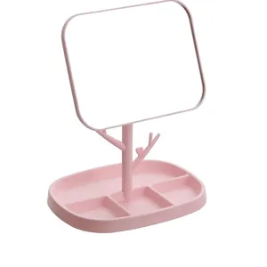 Specchio per trucco HD rosa con supporto girevole e base organizer per gioielli