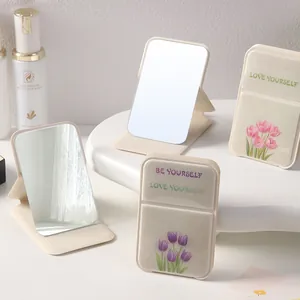 Portable Folding Makeup Mirror Cute Tulip Print Ins Style Handheld Pocket Mirror PU Frame Silver Mirror For Women Daily