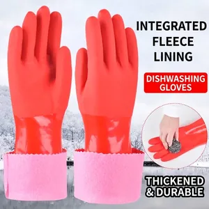 Guantes de Hogar Forrados de Felpa Resistentes Caucho Espesado Impermeables Largos Guantes para Lavar Platos Lavandería Limpieza Cocina