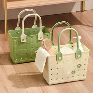 Portable Plastic Storage Basket For Bathroom Dormitory Outdoor Picnic Handheld Shower Caddy With Drainage Holes Flower Decor