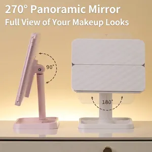 Opvouwbare drievoudige LED make-up spiegel met 180 graden draai en opbergvoet