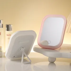 Tragbarer LED-Desktop-Schminkspiegel mit Ringlicht und klappbarem Ständer in Pink und Weiß