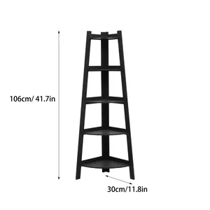 Détail de l'étagère d'angle noire à 5 niveaux avec dimensions de 106 cm x 30 cm
