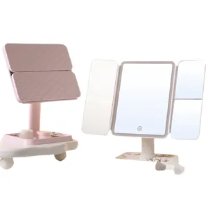 Desktop drievoudig opvouwbare LED-make-upspiegel met verlichting en opbergvoet in roze