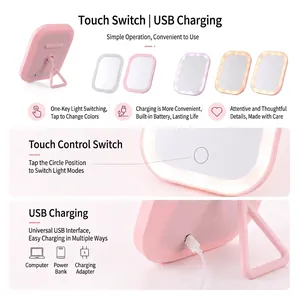 Tragbarer LED-Make-up-Spiegel mit Berührungsschalter und USB-Ladeanschluss in Rosa