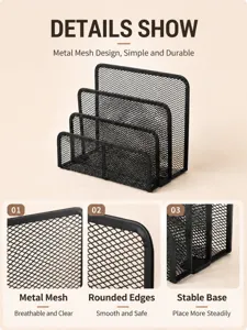 Detalles del organizador de archivos de 4 niveles en malla metálica negra con bordes