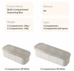Détail des boîtes à épices beiges à 3 et 4 compartiments avec spécifications