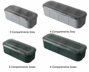 Comparaison de boîtes d'assaisonnement à compartiments en gris et vert avec couvercles.