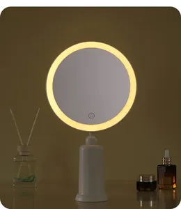 Detailed view of desktop LED makeup mirror with warm ring light illumination