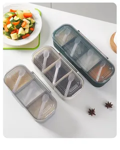 Household three-grid seasoning boxes with spoons for organized kitchen storage