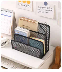 Black metal mesh desk organizer with three tiers for office files and notebooks