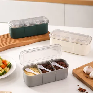 Modern ABS 3 4 Compartment Condiment Box With Spoons Transparent Moisture Proof Lid Kitchen Spice Storage Organizer