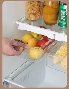 Primer plano de un organizador de cajón extraíble transparente para frigorífico con productos frescos