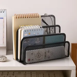 Black 3-tier metal mesh desktop file organizer rack holding stationery for office workspace